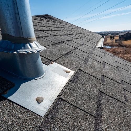 close-up of flashing on a shingle roof