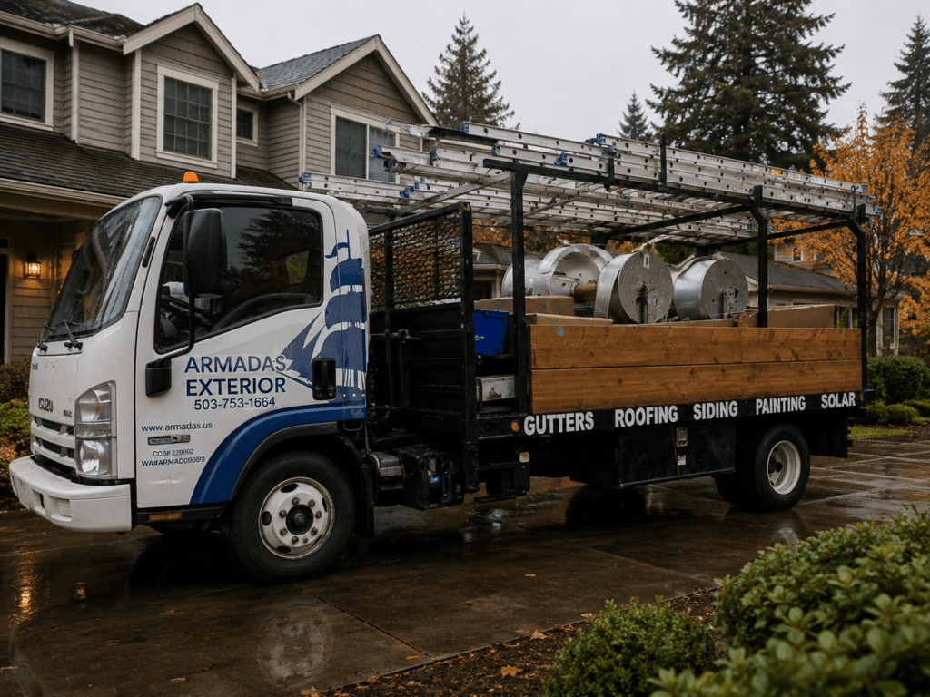 Armadas Exterior work truck equipped for seamless gutter installation and replacement services.