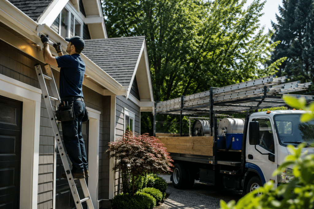 Professional gutter installation contractor on a ladder installing seamless aluminum gutters on a residential home in Portland, OR.