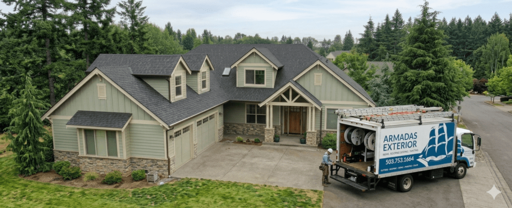 New seamless gutter installation on a residential home in Damascus, Oregon by Armadas Exterior.