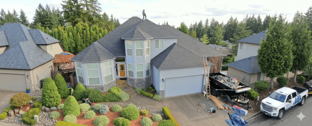 Complete residential roof replacement project in Happy Valley, Oregon by Armadas Exterior.