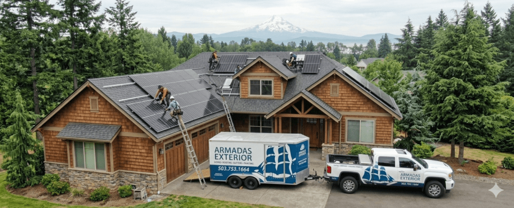 Off-grid solar and roofing solutions for a mountain cabin near Mt. Hood, Oregon by Armadas Exterior.