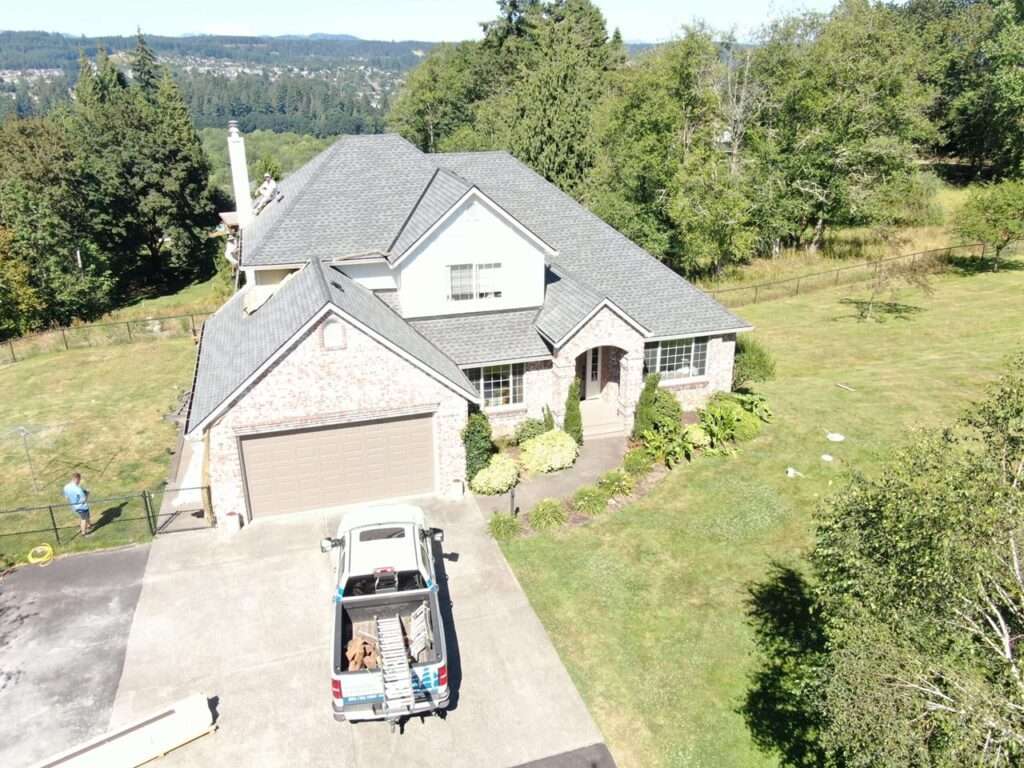Close-up view of premium siding and roof replacement workmanship on a home in Ridgefield, Washington by Armadas Exterior.