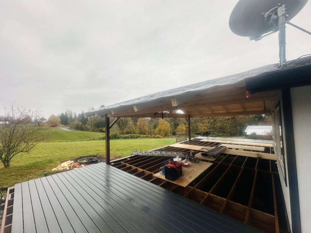 The deck is finally getting a roof and a great view.