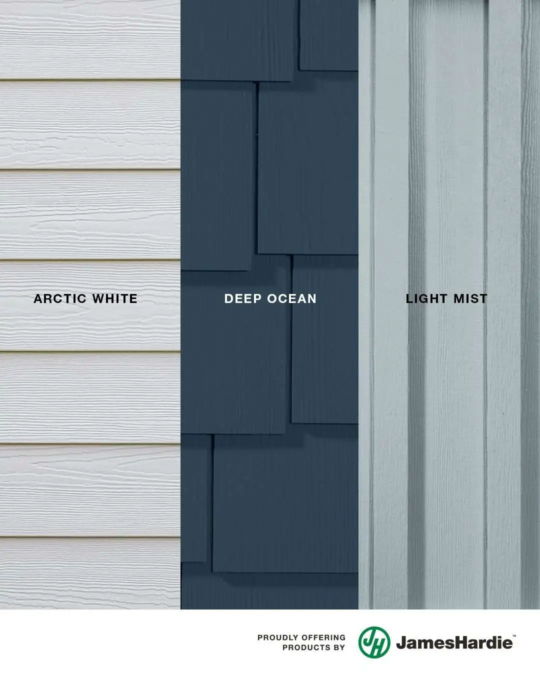 James Hardie Spring Color Palette with vertical siding, shake siding, and trim style options.
