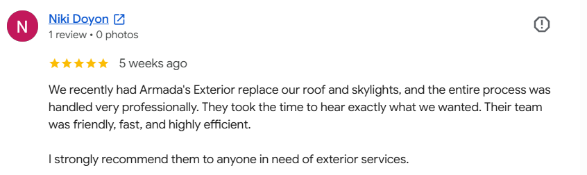 Google review from a Happy Valley homeowner praising the Armadas Exterior roof, gutter and skylight project